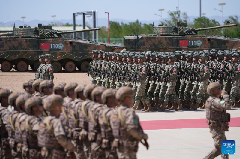 A march-past is held during a joint army training exercise of China and Mongolia, in north China's Inner Mongolia on May 30, 2026. China and Mongolia on Saturday launched a joint army training exercise, code-named Steppe Partner 2026, in north China's Inner Mongolia. (Photo by Gao Junjie/Xinhua)