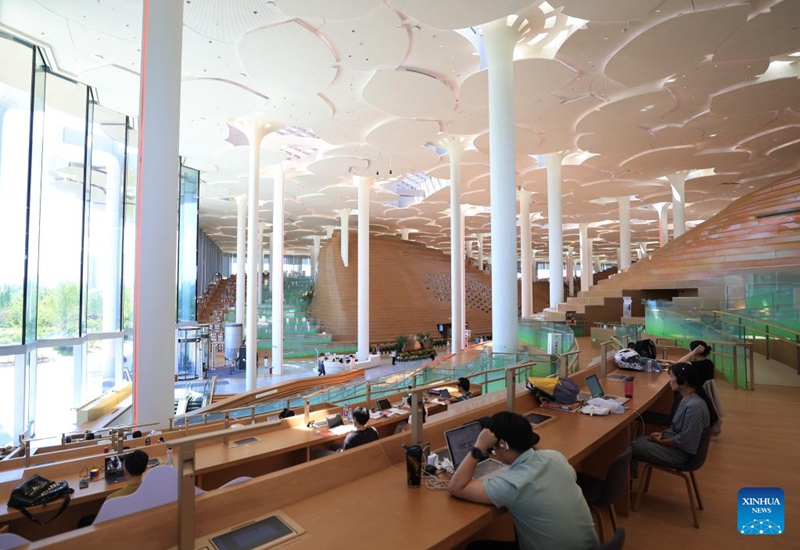 This photo taken on May 29, 2026 shows an interior view of the Beijing Library in the Beijing Municipal Administrative Center in Beijing, capital of China. From 2016 to 2026, the Beijing Municipal Administrative Center marks a decade of planning and development. Over the past ten years, it has undergone a remarkable transformation into a vibrant modern area. Photo: Xinhua