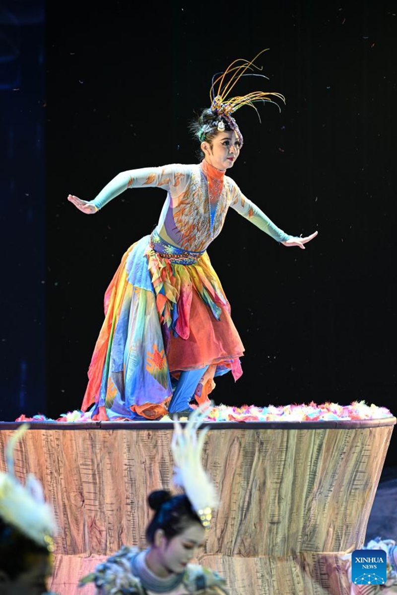 Actors take part in the performance of Gan Gong Bird at a theatre in Baoting, south China's Hainan Province, May 30, 2026. The original ethnic dance drama Gan Gong Bird has been staged here for free every Saturday to enrich people's cultural life. (Xinhua/Pu Xiaoxu)