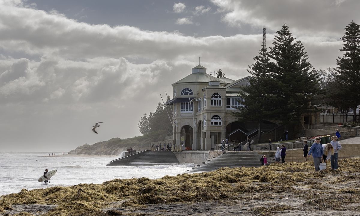 The Indiana Teahouse at Cottesloe Beach in Perth, Australia is pictured following a storm on June 1, 2026. The strongest weather system to hit Western Australia's south-west in 49 years has left a trail of destruction in its wake. The local bureau of meteorology said Perth copped the brunt of the damage, ABC News reported. Photo: VCG