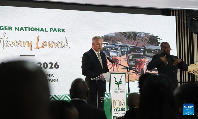 South Africa's Minister of Forestry, Fisheries and the Environment Willie Aucamp speaks at the centenary launch of Kruger National Park in Mpumalanga Province, South Africa, May 30, 2026. South Africa's Kruger National Park on Saturday evening marked its 100th anniversary with a centenary celebration at Skukuza Rest Camp under the theme Our Heritage, Our Future. (Xinhua/Chen Wei)
