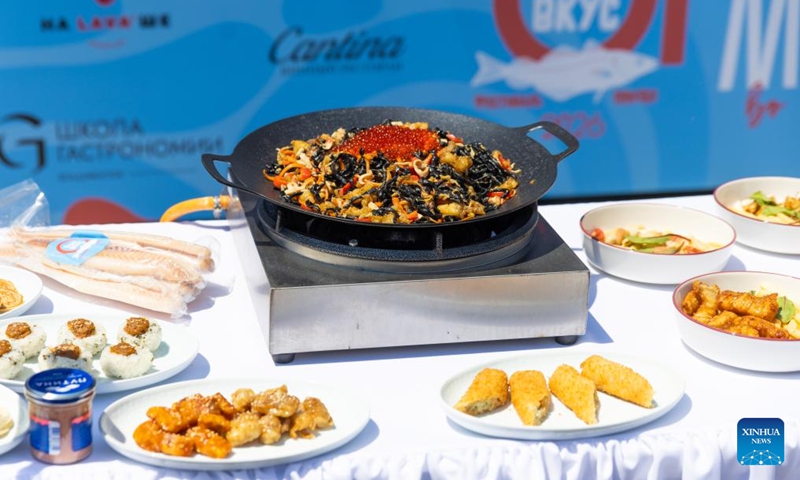 A dish made with pollack is pictured during a pollack festival in Vladivostok, Russia, on May 30, 2026. Pollack is a popular seafood ingredient among the locals here. (Photo by Andrey Matveenko/Xinhua)