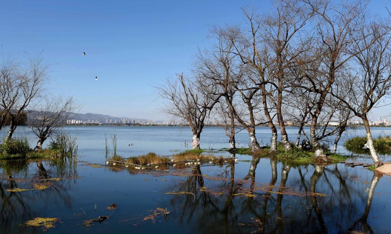 File photo taken on Feb. 6, 2017 shows the Dian Lake in Kunming, southwest China's Yunnan Province. (Photo by Lin Yiguang/Xinhua)