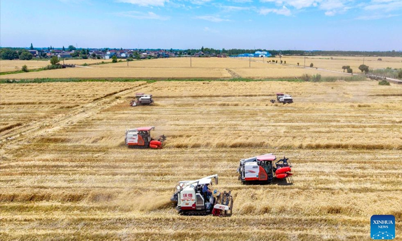 A drone photo taken on June 1, 2026 shows agricultural machines harvesting wheat in Huguan Village of Xinghua City, east China's Jiangsu Province. (Photo: Xinhua)