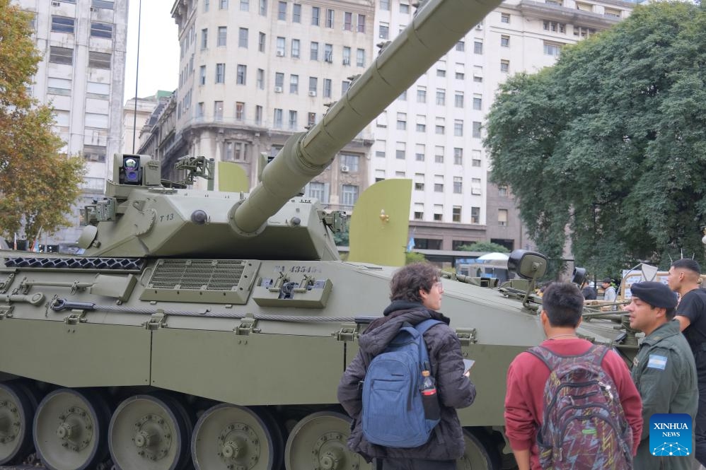 People visit the Argentine Army Equipment Exhibition at the Plaza de Armas near the Ministry of Defense in Buenos Aires, Argentina, June 1, 2026. Argentine Army Equipment Exhibition is held at the Plaza de Armas near the Ministry of Defense from May 30 to June 2. (Photo: Xinhua)