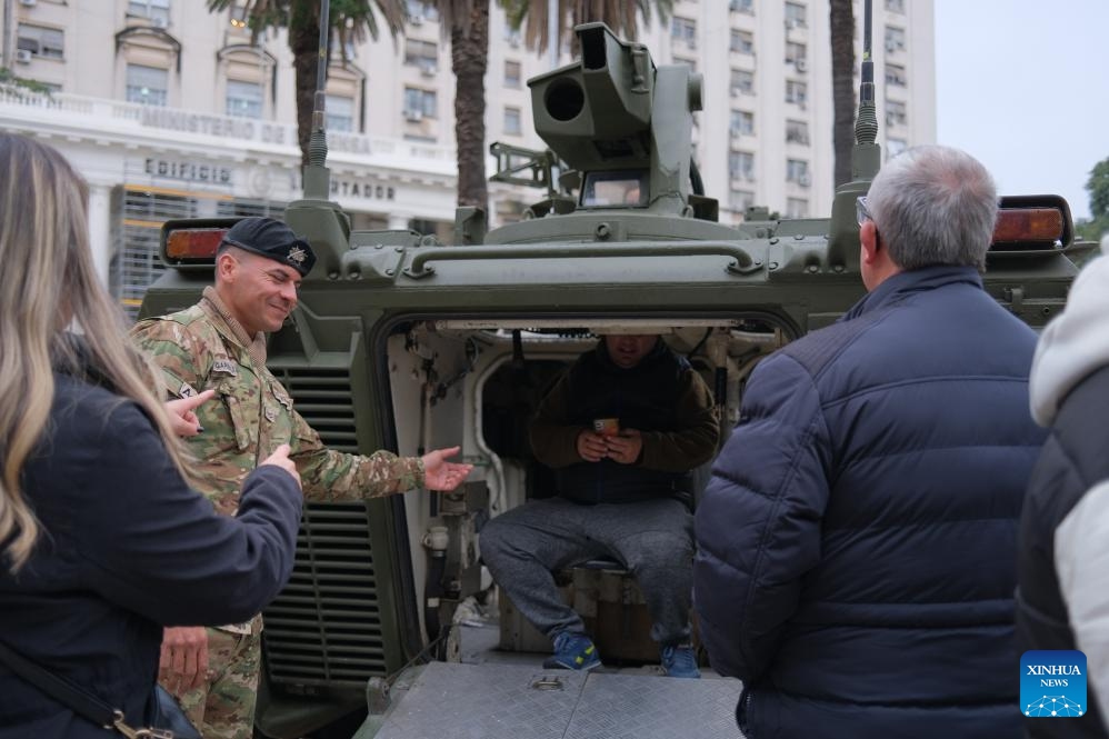 People visit the Argentine Army Equipment Exhibition at the Plaza de Armas near the Ministry of Defense in Buenos Aires, Argentina, June 1, 2026. Argentine Army Equipment Exhibition is held at the Plaza de Armas near the Ministry of Defense from May 30 to June 2. (Photo: Xinhua)
