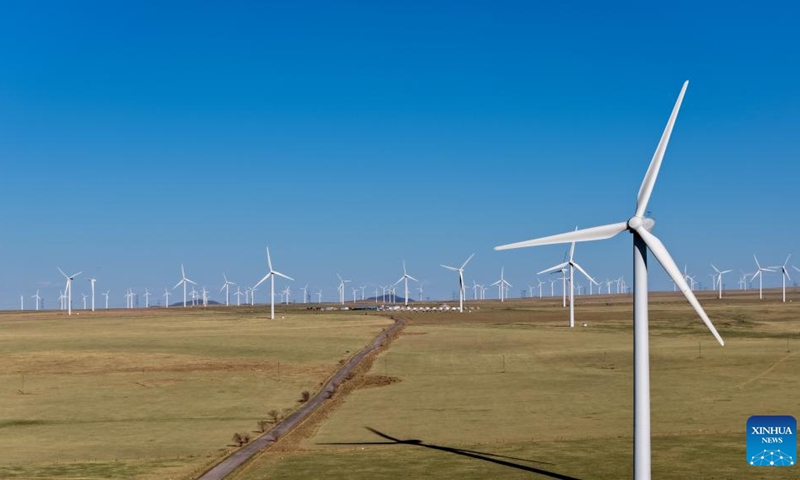 An aerial drone photo taken on May 7, 2026 shows a view of the Huitengliang wind farm in Xilinhot City, Xilingol League, north China's Inner Mongolia Autonomous Region. (Photo: Xinhua)