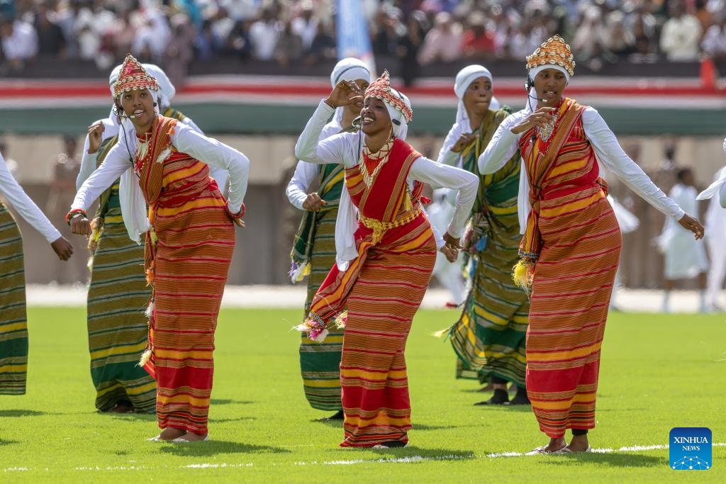 Performers dance during celebrations marking Madaraka Day at Wajir Stadium in Wajir County, northeastern Kenya, June 1, 2026. Kenya on Monday held Madaraka Day celebrations to commemorate the day in 1963 that the East African country attained self-rule. (Photo: Xinhua)