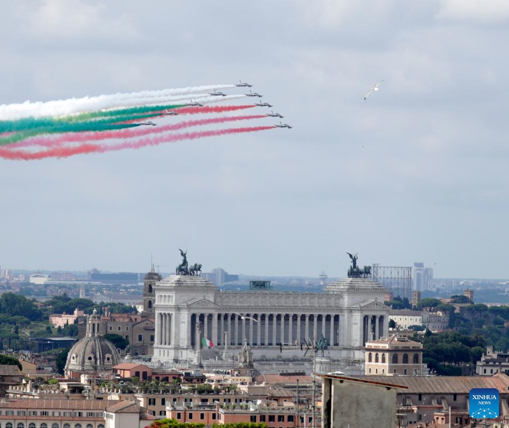 The Italian aerobatic squad Frecce Tricolori flies over the Victor Emmanuel II National Monument during the Republic Day celebrations in Rome, Italy, on June 2, 2026. Italy on Tuesday marked the 80th anniversary of its founding as a republic. (Photo: Xinhua)