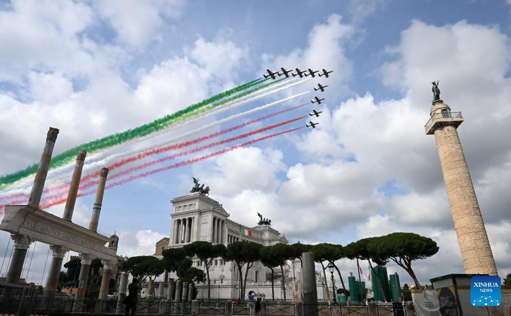 The Italian aerobatic squad Frecce Tricolori flies over the Victor Emmanuel II National Monument during the Republic Day celebrations in Rome, Italy, on June 2, 2026. Italy on Tuesday marked the 80th anniversary of its founding as a republic. (Photo: Xinhua)