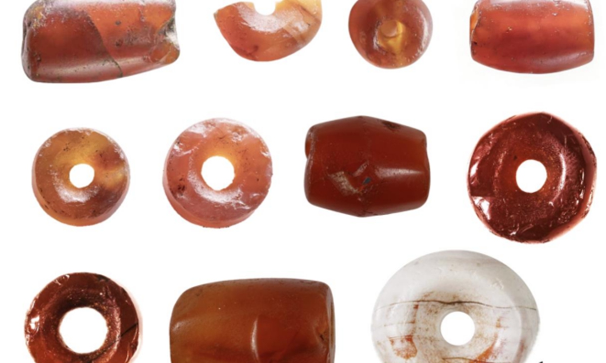 The carnelian beads unearthed from Sanxingdui ruins Photo: Xinhua News Agency