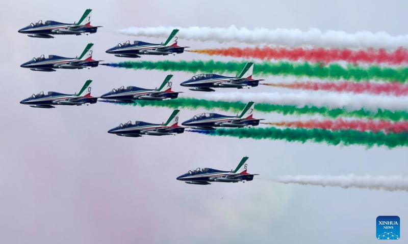 The Italian aerobatic squad Frecce Tricolori performs during the Republic Day celebrations in Rome, Italy, on June 2, 2026. Italy on Tuesday marked the 80th anniversary of its founding as a republic. (Photo: Xinhua)