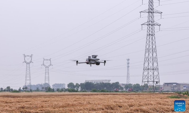 A drone patrols a smart farm in Zhengwu Town of Fuyang City, east China's Anhui Province, June 3, 2026. The wheat harvest season recently started in various places across Anhui. At a smart farm in Fuyang City, a range of smart devices have been deployed to assist in crop monitoring and harvesting operations. (Photo: Xinhua)