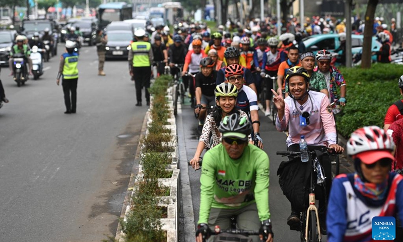 People ride bicycles to celebrate World Bicycle Day in Jakarta, Indonesia, June 3, 2026. World Bicycle Day is an international event marked annually on June 3 to draw attention to the benefits of using bicycles. (Photo: Xinhua)