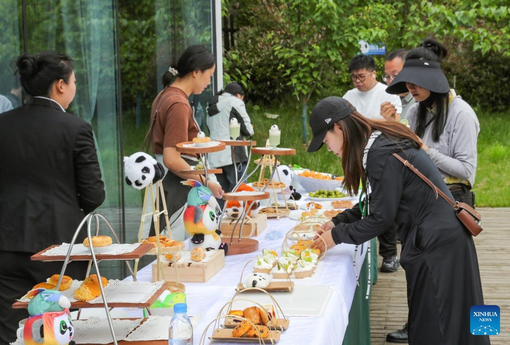 People taste sweets at a cafe of the giant panda origin camp in Dengchigou Village of Baoxing County of Ya'an City, southwest China's Sichuan Province, June 2, 2026. The giant panda origin camp, which is composed of three zones offering cultural experience, science popularization and camping, has served as an important base for the promotion and education of giant panda eco-culture. (Photo: Xinhua)