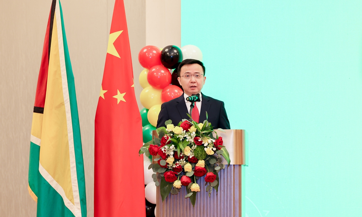 Zhang Run, director general of the Department of Latin American and Caribbean Affairs of the Ministry of Foreign Affairs of China, gives a speech at the reception in Beijing on May 29, 2026. Photo: Dong Feng/GT