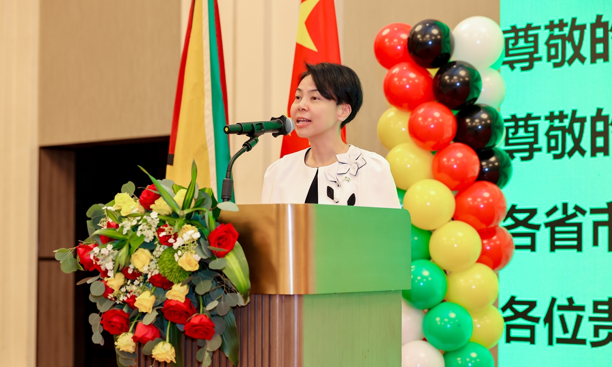 Anyin Choo, ambassador of Guyana to China, gives an opening speech at the reception in Beijing on May 29, 2026. Photo: Courtesy of the Embassy of the Cooperative Republic of Guyana in China