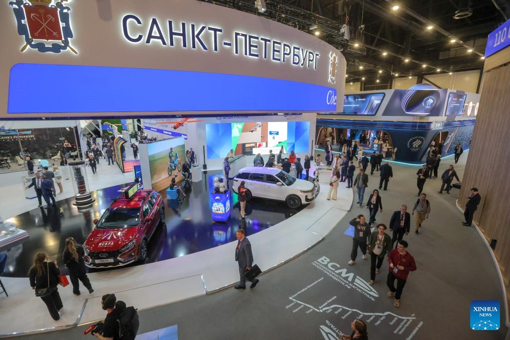People visit the exhibition hall at the 29th St. Petersburg International Economic Forum in St. Petersburg, Russia, June 3, 2026. The 29th St. Petersburg International Economic Forum opens on June 3, 2026, bringing together about 20,000 representatives from political, business and academic circles from more than 100 countries and territories. Launched in 1997, the St. Petersburg International Economic Forum has grown into one of Russia's most important international economic forums. (Photo: Xinhua)