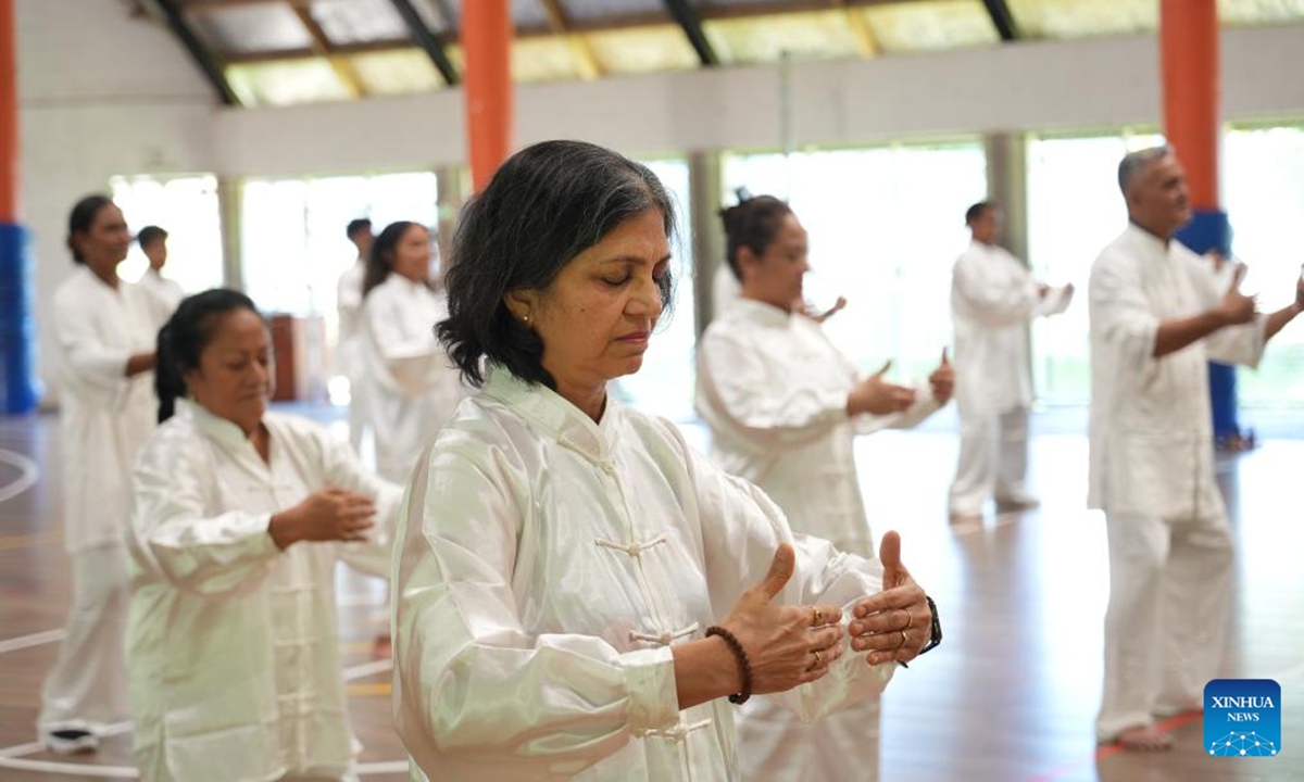 Local Fijians learn Taijiquan during a cultural exchange event held by the Confucius Institute at the University of the South Pacific in Suva, Fiji, on June 4, 2026. (Xinhua/Bai Yongquan)