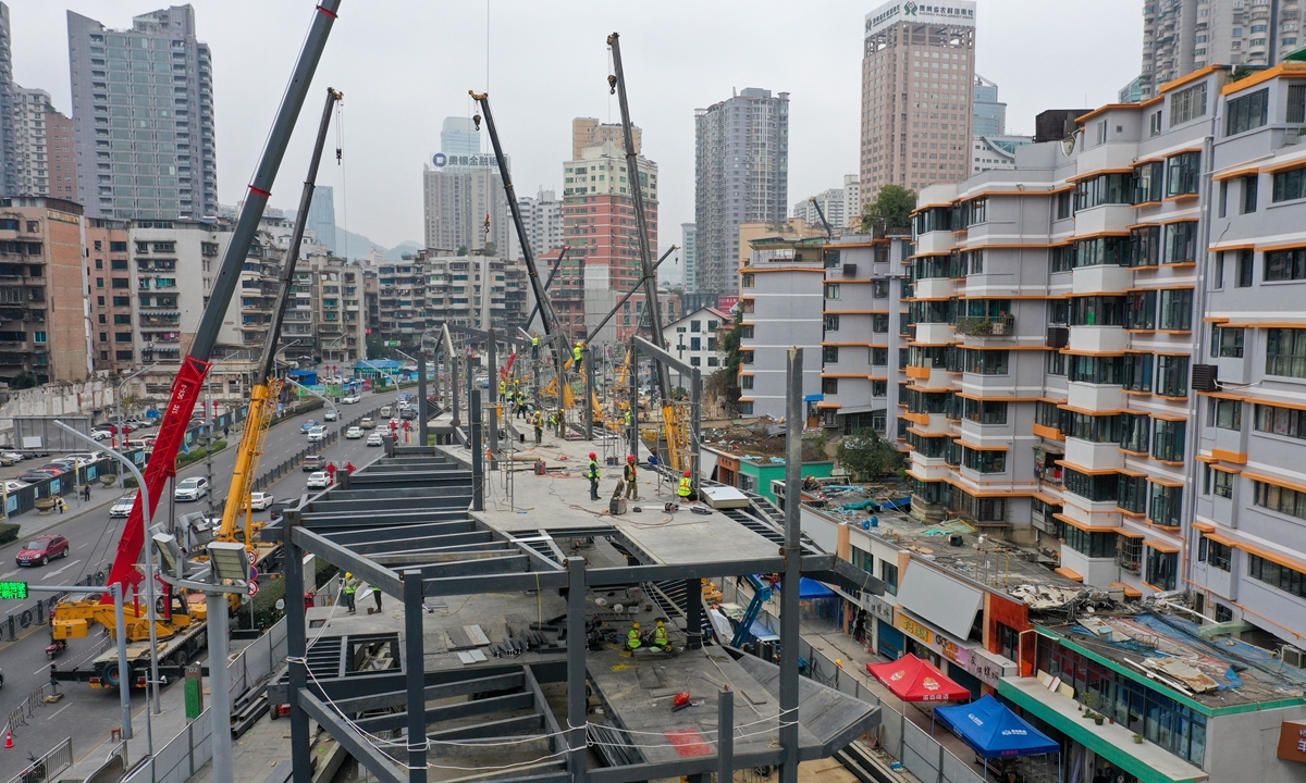 Construction proceeds on Guancheng River's urban renewal works along Taiping Road, Guiyang on Jan 9, 2024. Photo: VCG