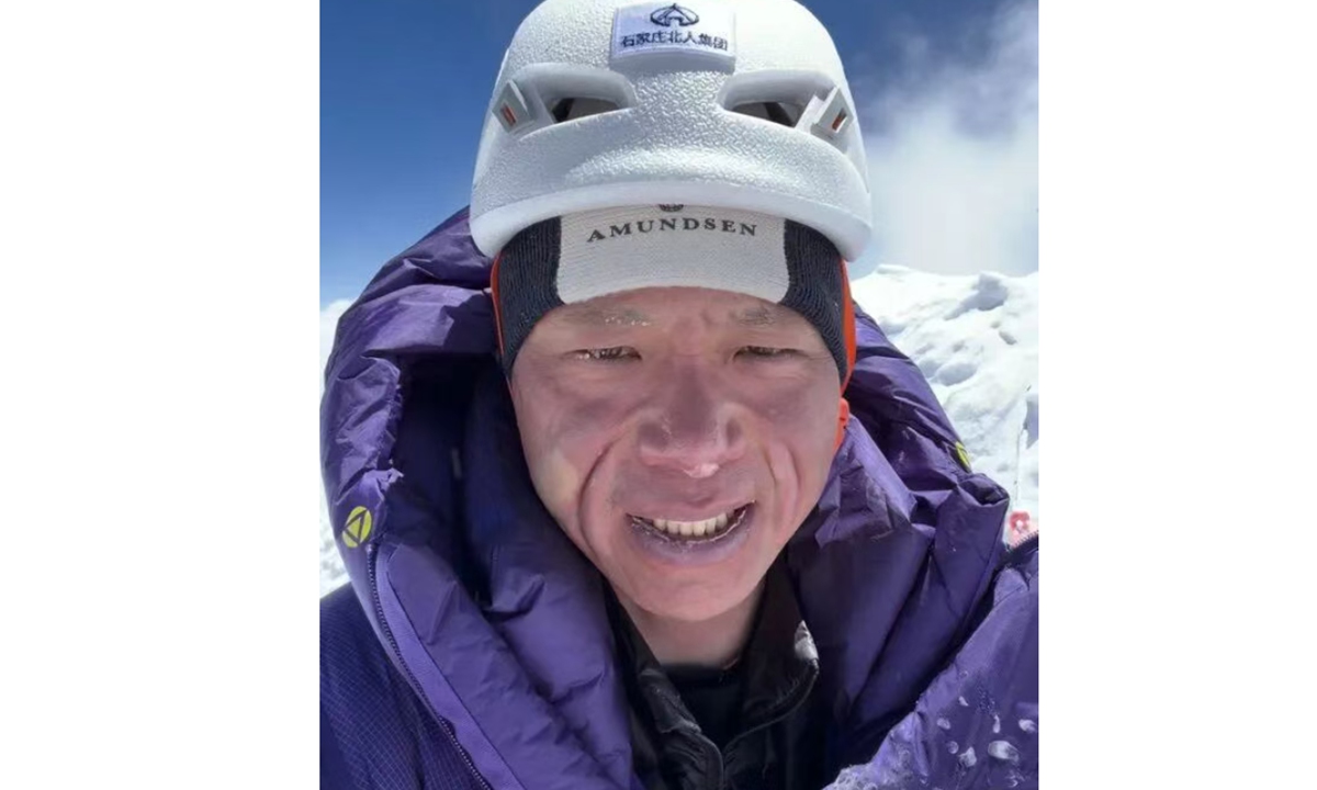 A selfie of Luan Yukun on the summit of Mount Lhotse after completing a Mount Qomolangma-Lhotse consecutive climb. Photo: CCTV News