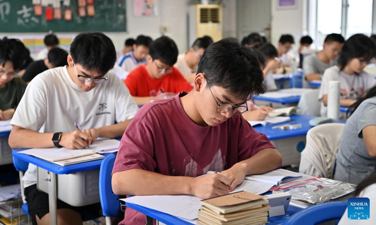 Students prepare for the upcoming national college entrance exam at a high school in Liuzhou, south China's Guangxi Zhuang Autonomous Region, June 4, 2026. This year's national college entrance exam, also known as the gaokao, will start from June 7. (Xinhua/Lu Boan)