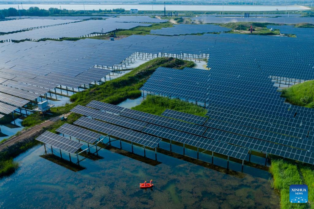 An aerial drone photo taken on June 2, 2026 shows staff members conducting routine patrol at a photovoltaic-aquaculture farm in Gaoqing County, Zibo City, east China's Shandong Province. Shandong Province has seen the development in its photovoltaic power sector with complementary modes in light of local conditions over recent years. These innovative modes blaze a path for three wins for clean energy exploration, ecological environment protection, and economic benefits. (Photo: Xinhua)