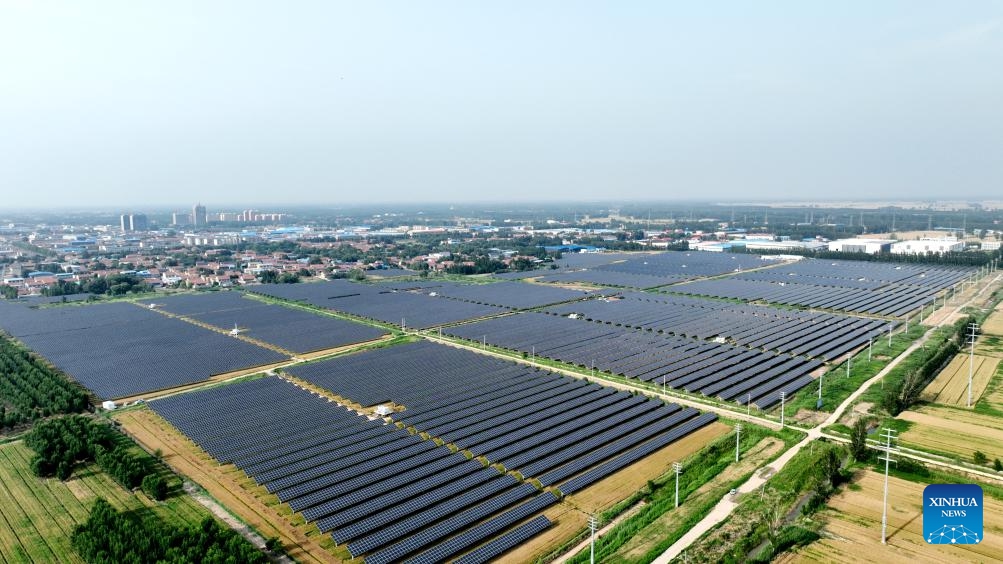 An aerial drone photo taken on June 3, 2026 shows a farming-photovoltaic power complementary project in Huimin County, Binzhou City, east China's Shandong Province. Shandong Province has seen the development in its photovoltaic power sector with complementary modes in light of local conditions over recent years. These innovative modes blaze a path for three wins for clean energy exploration, ecological environment protection, and economic benefits. (Photo: Xinhua)