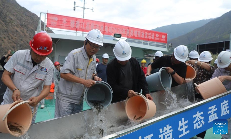 This photo taken on June 5, 2026 shows a fish release event at the Mengdigou hydropower station on the Yalong River in southwest China's Sichuan Province. (Xinhua)