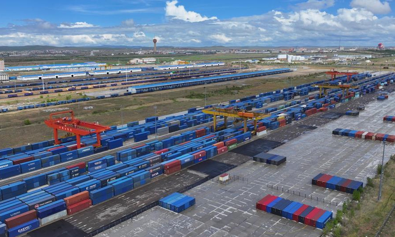 A drone photo taken on June 5, 2026 shows China-Europe freight trains doing refitting work at the Manzhouli Station in Manzhouli, north China's Inner Mongolia Autonomous Region. (Photo by Huang Xu/Xinhua)