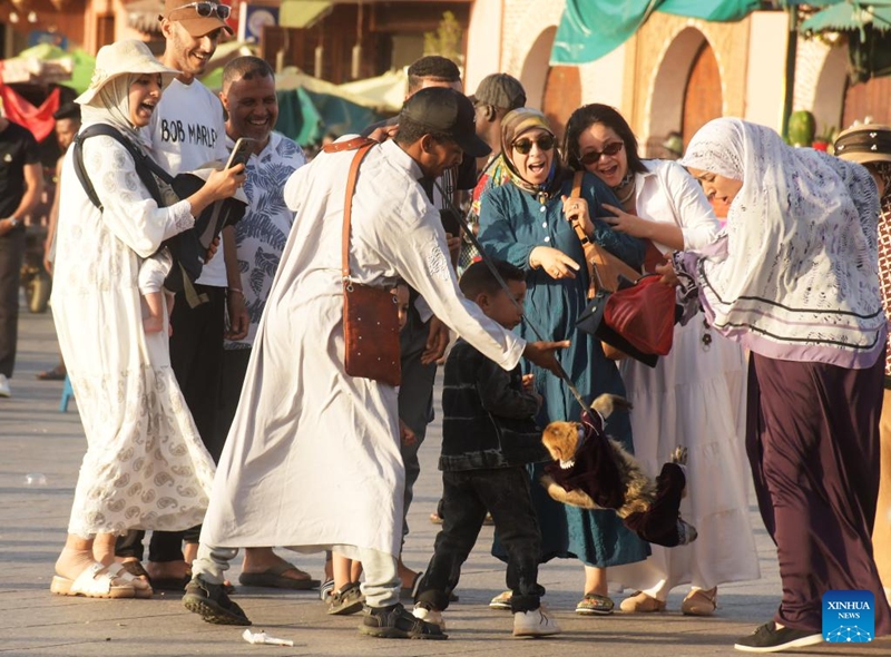 Tourists interact with a monkey at the Jemaa el-Fna square in Marrakech, Morocco, June 5, 2026. Located in the heart of Marrakech, Jemaa el-Fna, a World Heritage Site, is regarded as a Sleepless Square because of the continuous flow of people from morning to night. (Photo by Aissa/Xinhua)