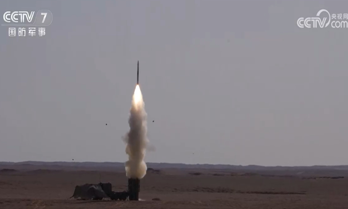 A brigade of the Chinese People's Liberation Army (PLA) 73rd Group Army conducts live-fire drills of a new air defense weapon system in the Gobi Desert in northwest China. Photo: Screenshot from the military channel of CCTV News