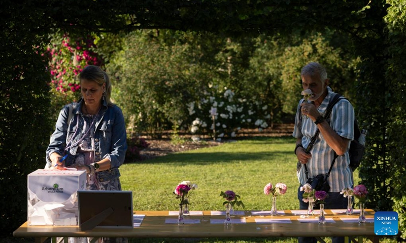 People take part in the selection of the most fragrant rose during a rose display event at the Volcji Potok Arboretum near Kamnik, Slovenia, June 6, 2026. (Photo by Zeljko Stevanic/Xinhua)