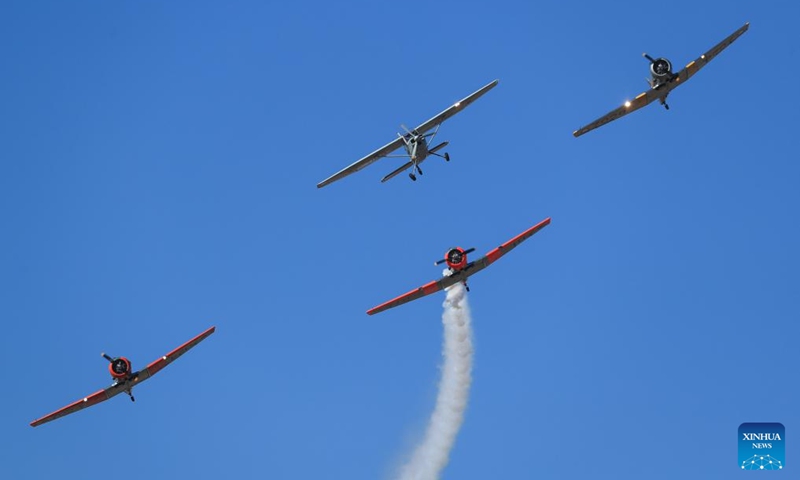 Aircraft perform during the South African Air Force (SAAF) Museum Airshow in Pretoria, South Africa, June 6, 2026. The annual SAAF Museum Airshow took place here on Saturday. (Xinhua/Chen Wei)