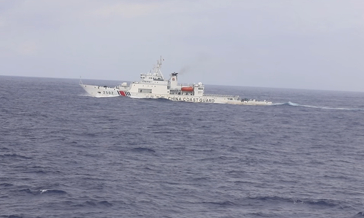 A screenshot of a video clip shows the China Coast Guard (CCG) task group, led by the CCGS Daishan, conducting routine law-enforcement patrols in accordance with the law in waters east of China's Taiwan island on June 1, 2026.