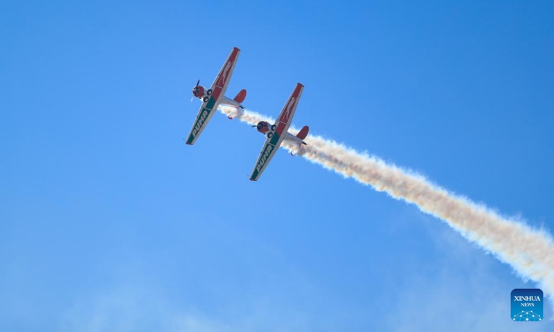 Aircraft perform during the South African Air Force (SAAF) Museum Airshow in Pretoria, South Africa, June 6, 2026. The annual SAAF Museum Airshow took place here on Saturday. (Xinhua/Chen Wei)