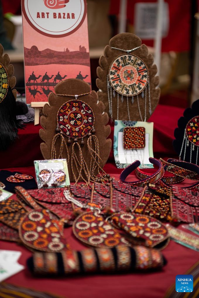 This photo taken on June 5, 2026 shows exhibits at the Turkmen Textile Expo 2026 in Ashgabat, Turkmenistan. (Photo by Cui Jiaxin/Xinhua)