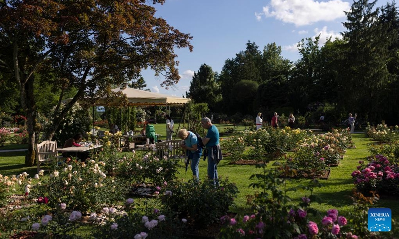 People enjoy themselves during a rose display event at the Volcji Potok Arboretum near Kamnik, Slovenia, June 6, 2026. (Photo by Zeljko Stevanic/Xinhua)