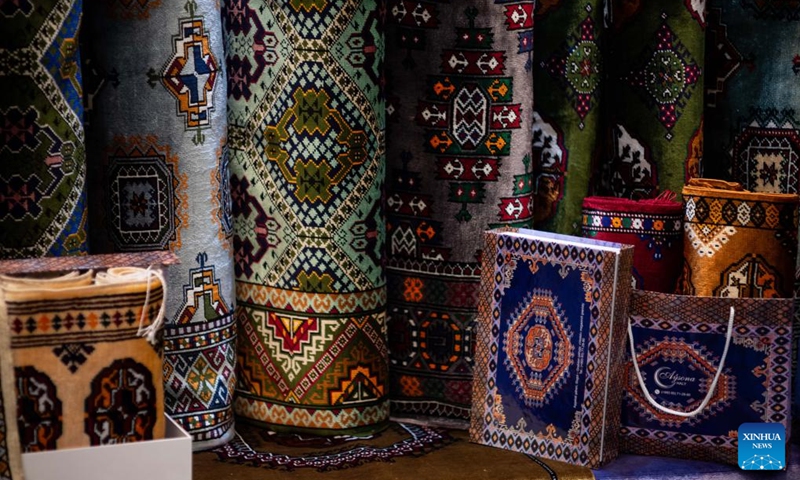 This photo taken on June 5, 2026 shows exhibits at the Turkmen Textile Expo 2026 in Ashgabat, Turkmenistan. (Photo by Cui Jiaxin/Xinhua)