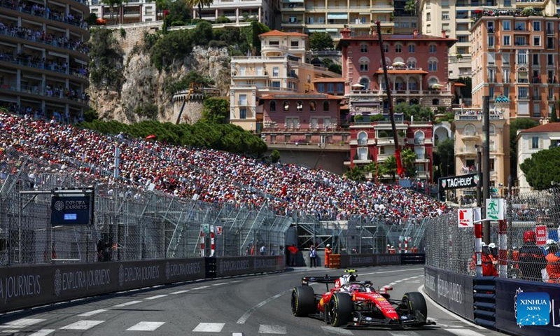 Ferrari's Lewis Hamilton of Britain competes during the Formula One Monaco Grand Prix at Circuit de Monaco in Monte Carlo, Monaco, June 7, 2026. (Photo by Qian Jun/Xinhua)