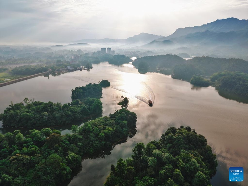 This aerial drone photo taken on June 5, 2026 shows a view of Longshui Lake in Dazu District of southwest China's Chongqing Municipality. (Photo by Guo Xu/Xinhua)