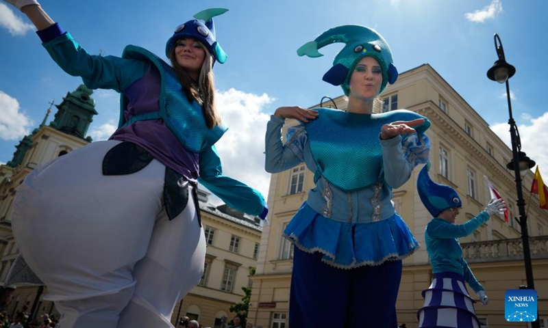 Performers in sea-themed costumes take part in the fifth Warsaw Mermaid Parade in Warsaw, Poland, June 6, 2026. Photo: Xinhua