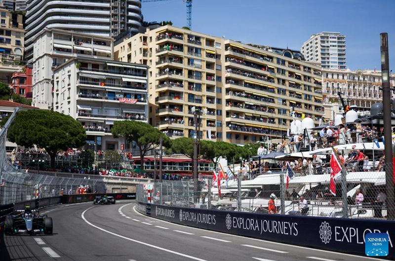 Mercedes' Kimi Antonelli (L) of Italy competes during the Formula One Monaco Grand Prix at Circuit de Monaco in Monte Carlo, Monaco, June 7, 2026. (Photo by Qian Jun/Xinhua)