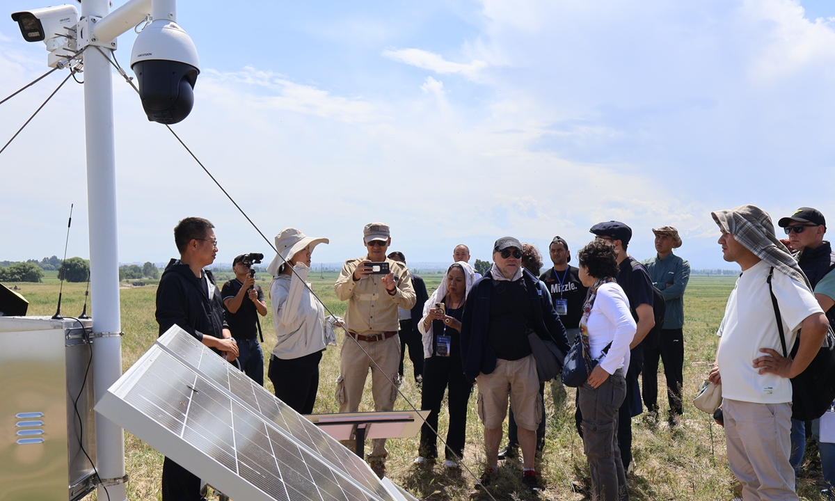 Experts from the Dunhuang Academy introduce the monitoring systems deployed at the Suyab ruins to international scholars on May 26, 2026. Photo: Lin Xiaoyi/GT