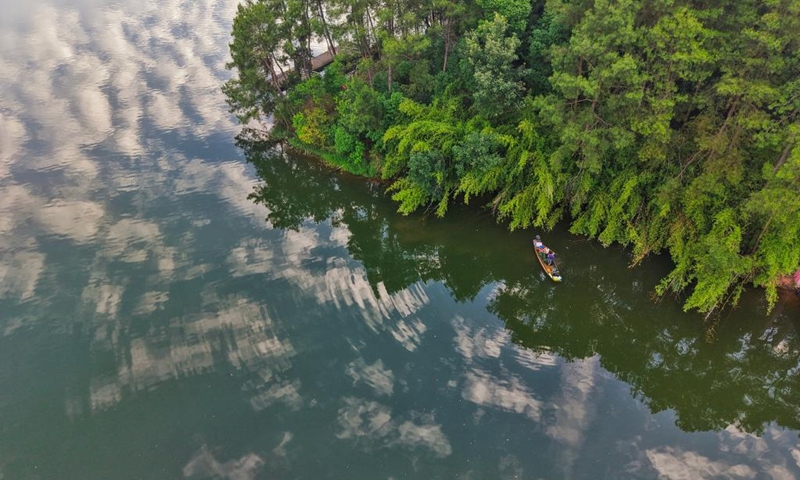 This aerial drone photo taken on June 5, 2026 shows a view of Longshui Lake in Dazu District of southwest China's Chongqing Municipality. (Photo by Guo Xu/Xinhua)