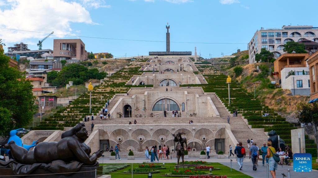 Visitors enjoy themselves at the Cascade Complex in Yerevan, Armenia, June 8, 2026. The Cascade Complex is a landmark in the heart of Yerevan. Visitors can enjoy panoramic views of the city from its top. (Photo: Xinhua)