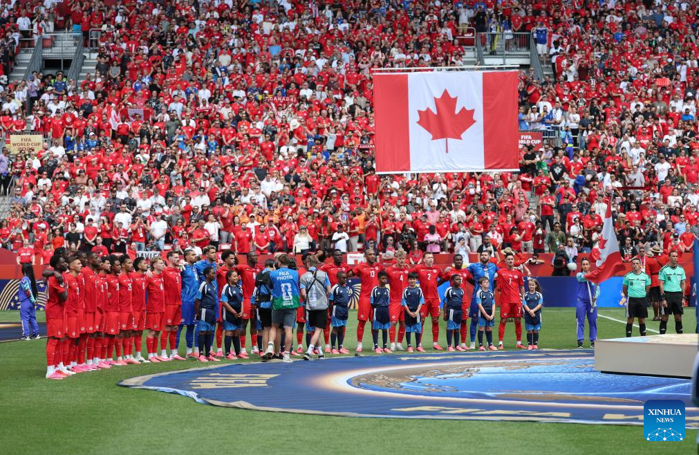 Players of Canada line up before the group B match between Canada and Bosnia and Herzegovina at the 2026 FIFA World Cup at Toronto Stadium in Toronto, Canada, June 12, 2026. (Photo by Zou Zheng/Xinhua)