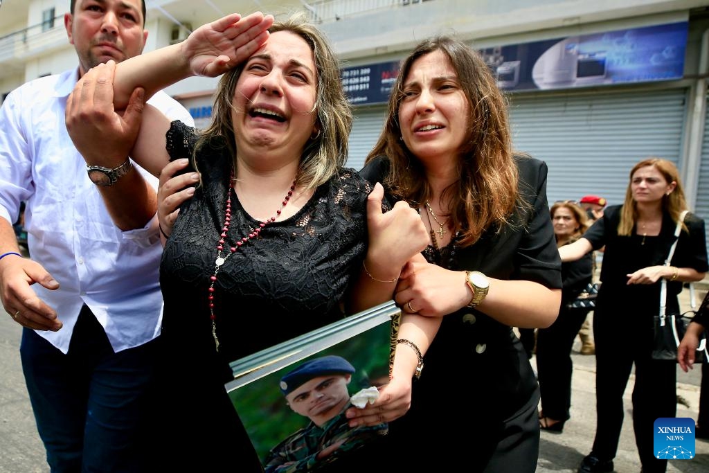 People attend the funeral of a Lebanese army officer in Kfar Jarra, Lebanon, on June 8, 2026. Lebanese President Joseph Aoun on Saturday strongly condemned an Israeli attack on a Lebanese Army patrol that killed two officers and one soldier. (Photo: Xinhua)