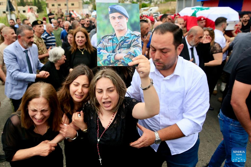 People attend the funeral of a Lebanese army officer in Kfar Jarra, Lebanon, on June 8, 2026. Lebanese President Joseph Aoun on Saturday strongly condemned an Israeli attack on a Lebanese Army patrol that killed two officers and one soldier. (Photo: Xinhua)