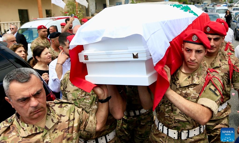 People attend the funeral of a Lebanese army officer in Kfar Jarra, Lebanon, on June 8, 2026. Lebanese President Joseph Aoun on Saturday strongly condemned an Israeli attack on a Lebanese Army patrol that killed two officers and one soldier. (Photo: Xinhua)
